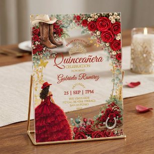 Western Red Roses Golden Country Quinceañera Acrylic Invitations