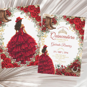 Western Red Roses Golden Country Quinceañera Invitation