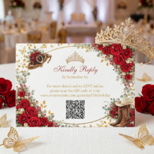 Western Red Roses Golden Country Quinceañera RSVP Card