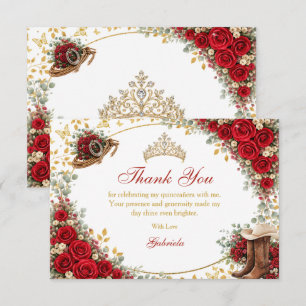 Western Red Roses Golden Country Quinceañera Thank You Card