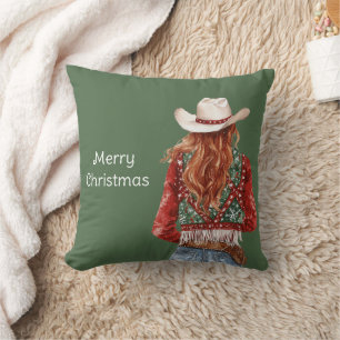 Western Redhead Cowgirl Christmas Cushion