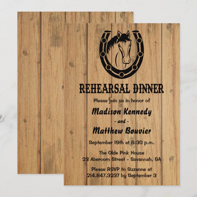 Western Rehearsal Dinner Horse Wood Rustic Wedding Invitation (Front/Back)