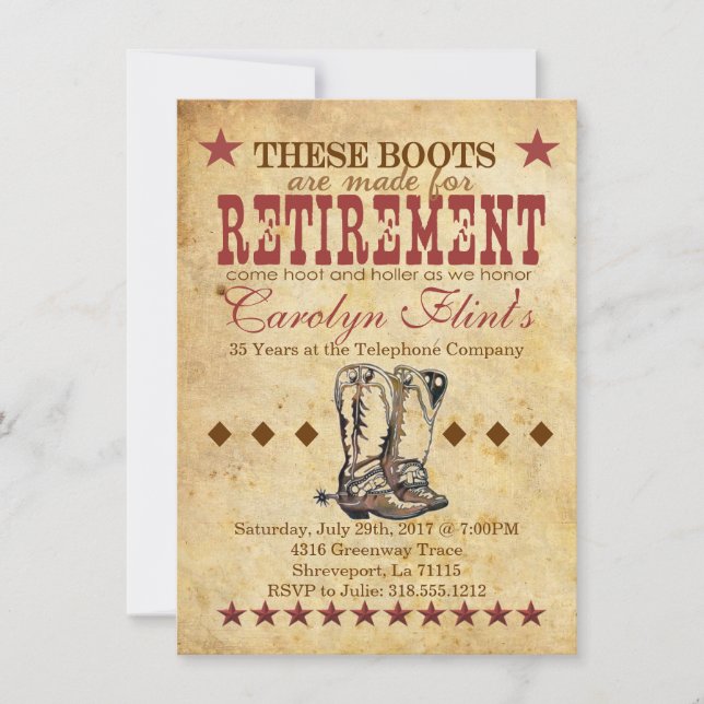 Western Retirement Invitation – Cowboy Boots Theme (Front)