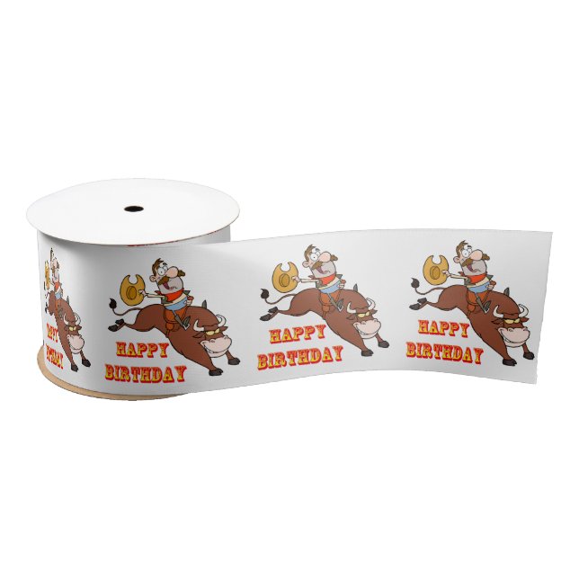 Western Ribbon Cowboy Bull Rider Birthday Satin Ribbon (Spool)