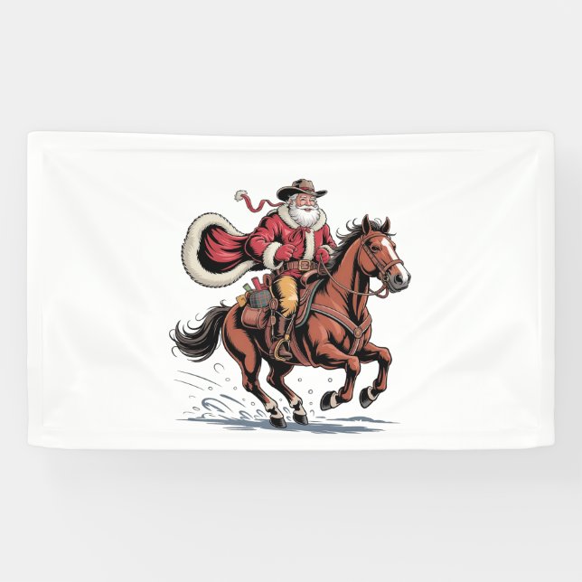Western Riding Rodeo Horse Cowboy Santa Christmas Banner (Horizontal)