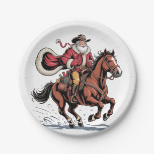Western Riding Rodeo Horse Cowboy Santa Christmas Paper Plate