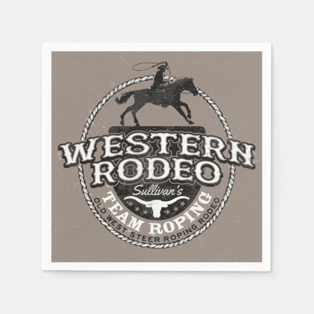 Western Rodeo ADD NAME Old West Steer Roping Roper Napkin (Front)