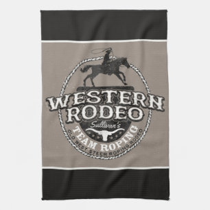 Western Rodeo ADD NAME Old West Steer Roping Roper Tea Towel