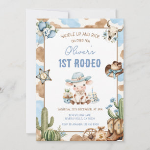 Western Rodeo Blue Cowboy 1st Birthday  Invitation
