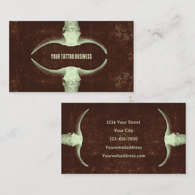 Western Rodeo Brown Rustic Tattoo Shop Bull Skull Business Card (Front/Back)