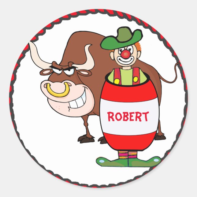 Western Rodeo Clown And Bull Personalise Classic Round Sticker (Front)