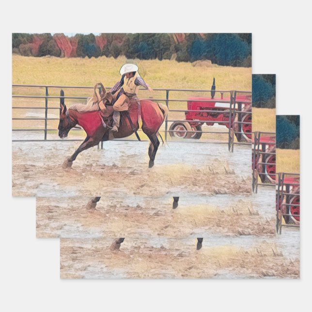 Western Rodeo Country Horse Riding Art Wrapping Paper Sheet (Set)