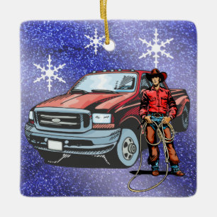 Western Rodeo Cowboy And Truck Christmas Ceramic Ornament