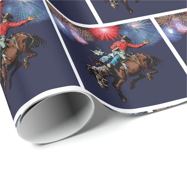 Western Rodeo Cowboy Bronc Rider Fireworks Wrapping Paper (Roll Corner)