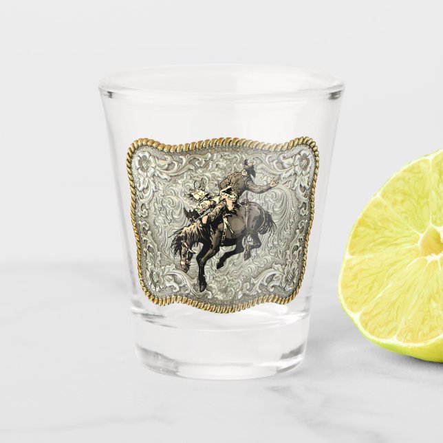 Western Rodeo Cowboy Bronc Riding Belt Buckle   Shot Glass (Front)