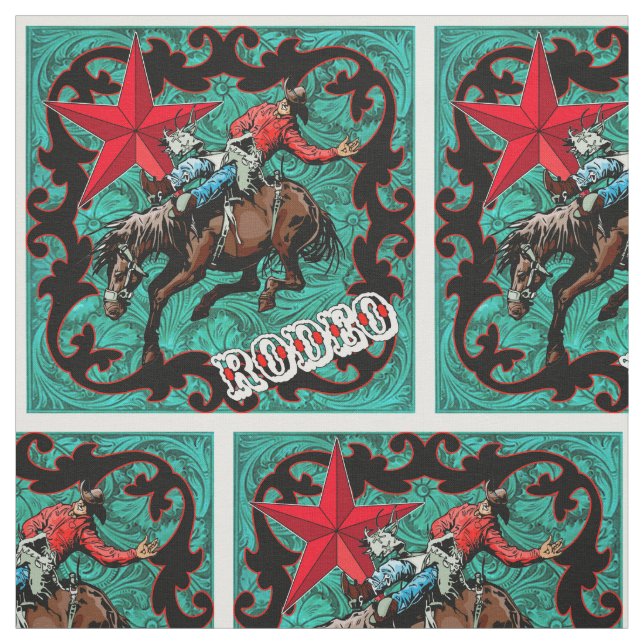 Western Rodeo Cowboy Bronc Riding Faux Leather Fabric (Swatch)