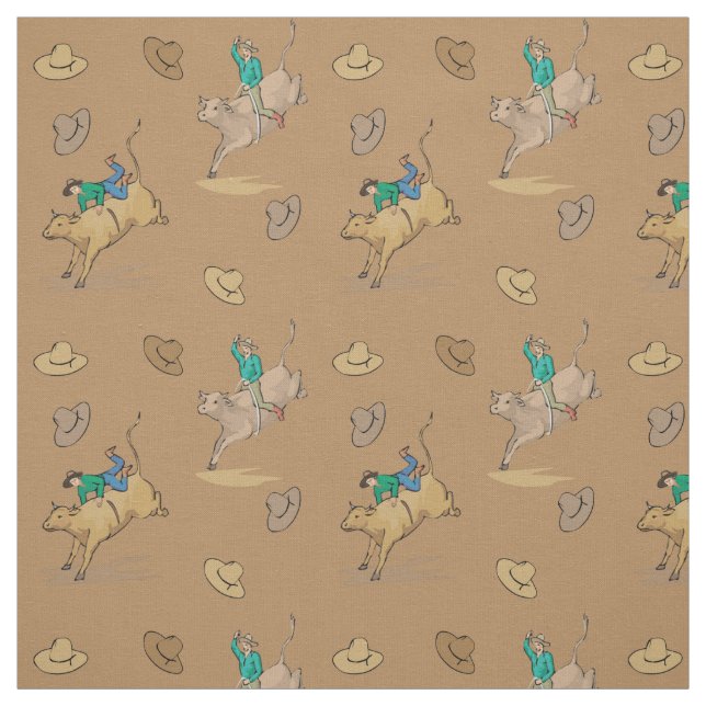 Western Rodeo Cowboy Bull Riding And Cowboy Hats Fabric (Swatch)