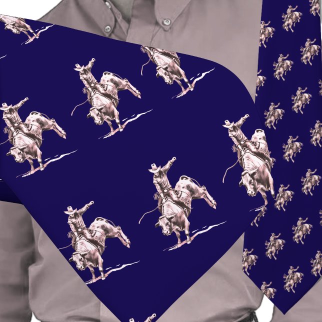 Western Rodeo Cowboy Bull Riding Bronze on Blue Tie (Western Rodeo Cowboy Bull Rider Men's Necktie)