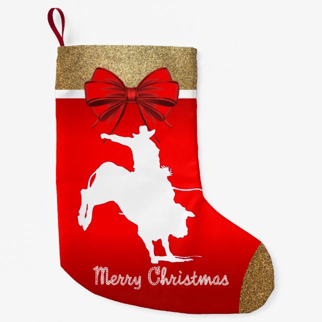 Western Rodeo Cowboy Bull Riding on Red Small Christmas Stocking (Front)