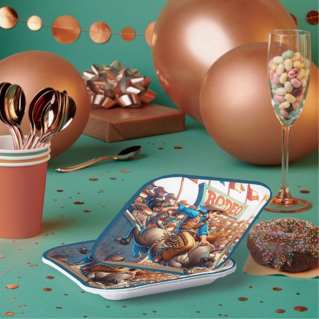 Western Rodeo Cowboy Bull Riding Paper Plate (Multi)