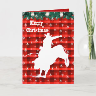 Western Rodeo Cowboy Bull Riding  Plaid Holiday Card