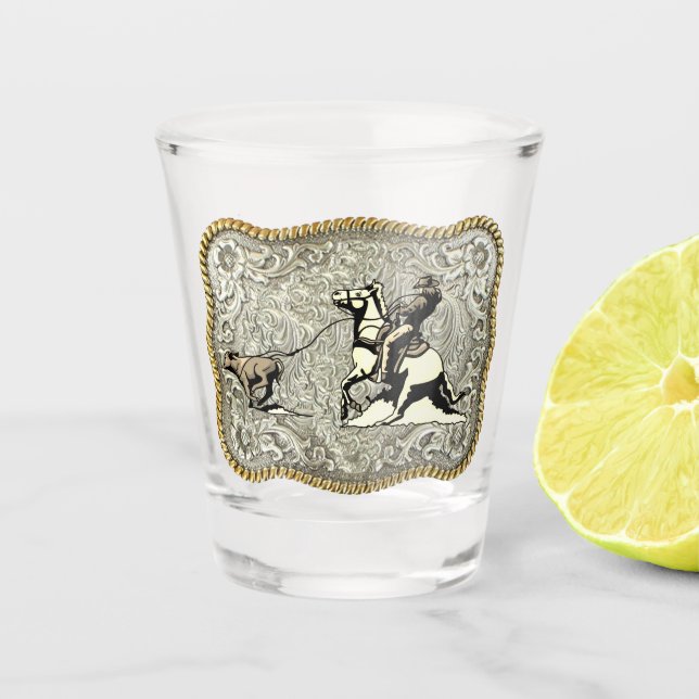 Western Rodeo Cowboy Calf Roping Belt Buckle   Shot Glass (Front)