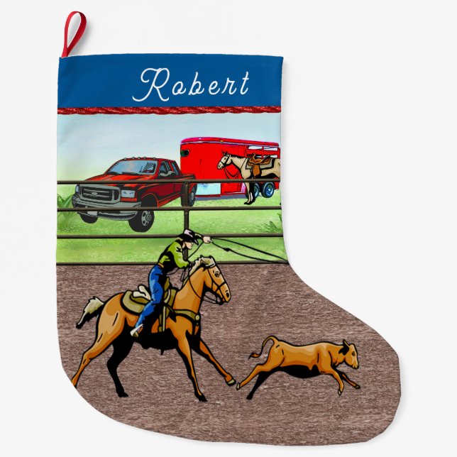 Western Rodeo Cowboy Calf Roping Large Christmas Stocking (Front)