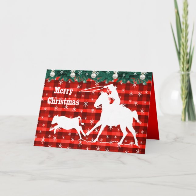Western Rodeo Cowboy Calf Roping Plaid Holiday Card (Front)