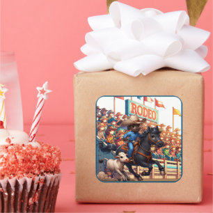 Western Rodeo Cowboy Calf Roping Square Sticker