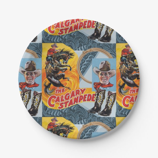 Western Rodeo Cowboy Collage Print Paper Plates (Front)