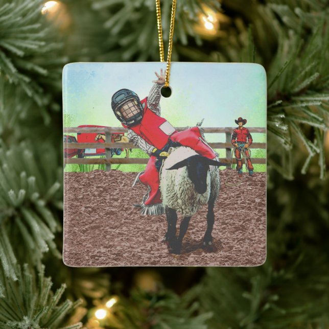 Western Rodeo Cowboy Cowgirl Mutton Busting Ceramic Ornament (Tree)
