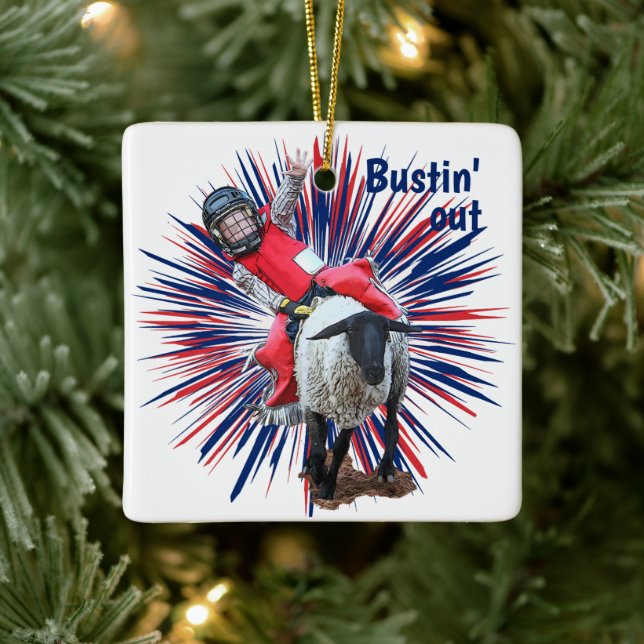 Western Rodeo Cowboy Cowgirl Mutton Busting Ceramic Ornament (Tree)