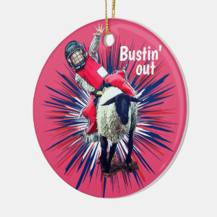 Western Rodeo Cowboy Cowgirl Mutton Busting Ceramic Tree Decoration