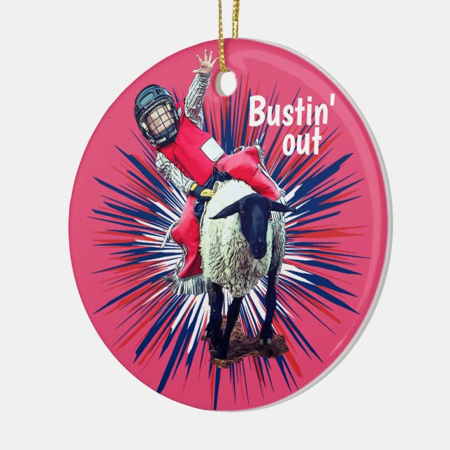 Western Rodeo Cowboy Cowgirl Mutton Busting Ceramic Tree Decoration (Left)