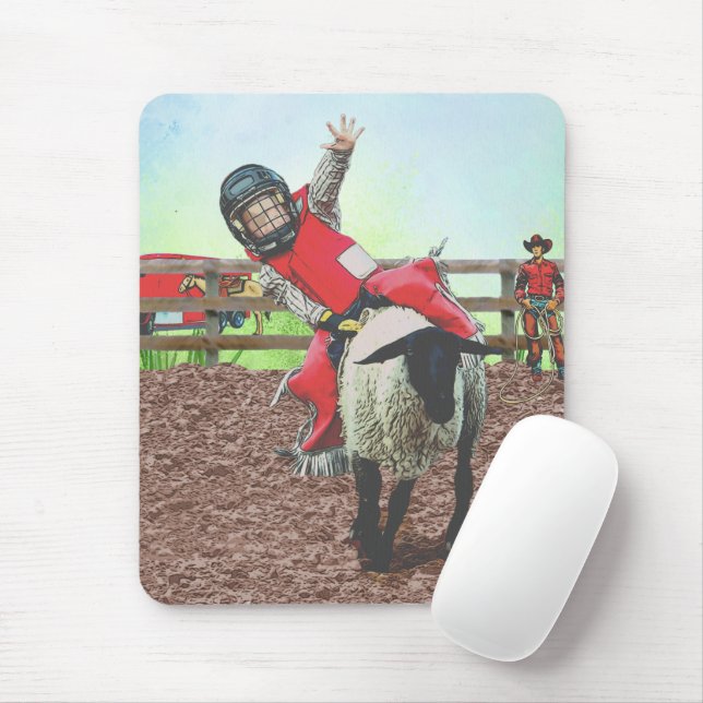 Western Rodeo Cowboy Cowgirl Mutton Busting Mouse Mat (With Mouse)