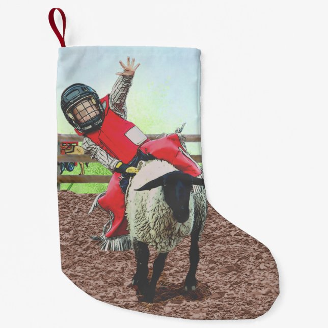 Western Rodeo Cowboy Cowgirl Mutton Busting Small Christmas Stocking (Front)