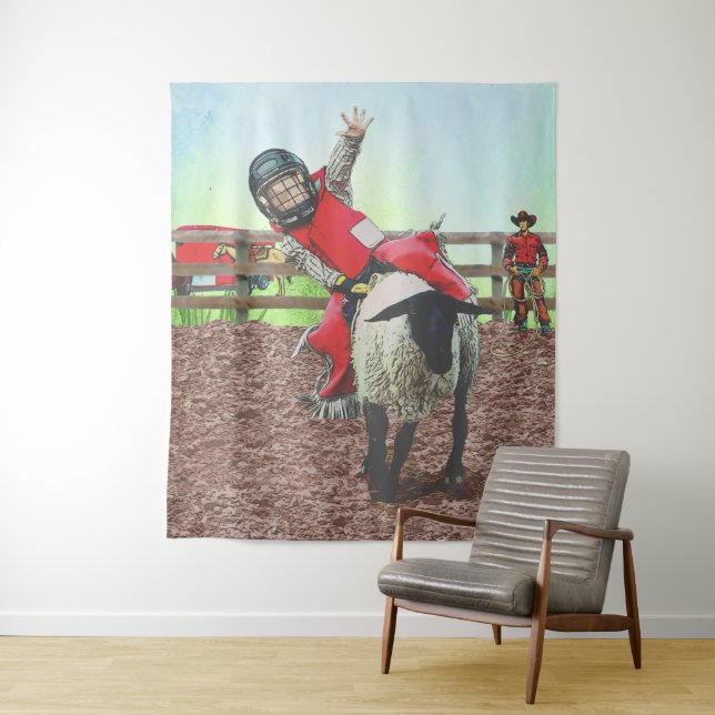 Western Rodeo Cowboy Cowgirl Mutton Busting Tapestry (In Situ)
