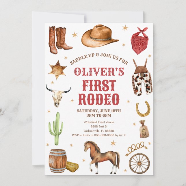 Western Rodeo Cowboy First Rodeo 1st Birthday Invitation (Front)