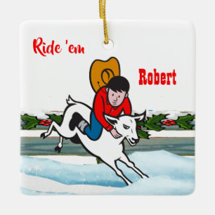Western Rodeo Cowboy Kid Mutton Buster Christmas Ceramic Ornament