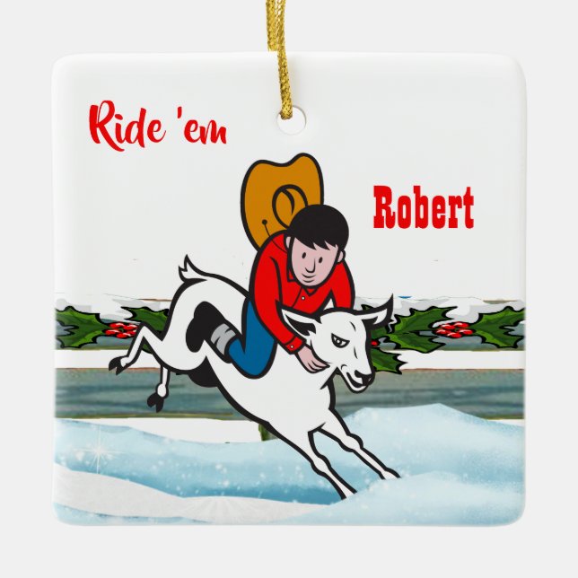 Western Rodeo Cowboy Kid Mutton Buster Christmas Ceramic Ornament (Front)