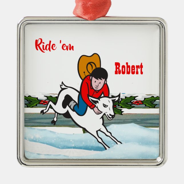 Western Rodeo Cowboy Kid Mutton Buster Christmas Metal Tree Decoration (Front)