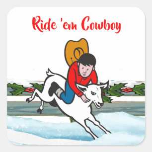Western Rodeo Cowboy Kid Mutton Buster Christmas Square Sticker