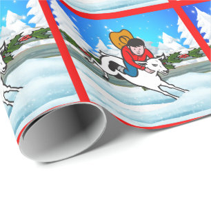 Western Rodeo Cowboy Kid Mutton Buster Snow Scene Wrapping Paper