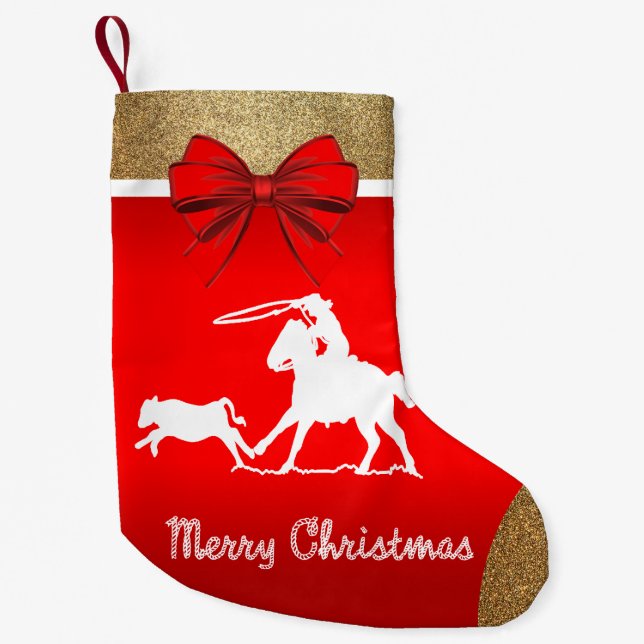 Western Rodeo Cowboy Roping Red Small Christmas Stocking (Front)