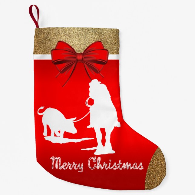 Western Rodeo Cowboy Team Roping Red Small Christmas Stocking (Front)