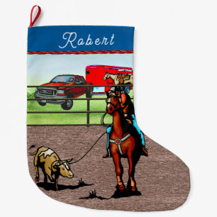 Western Rodeo Cowboy Team Roping Steer Large Christmas Stocking