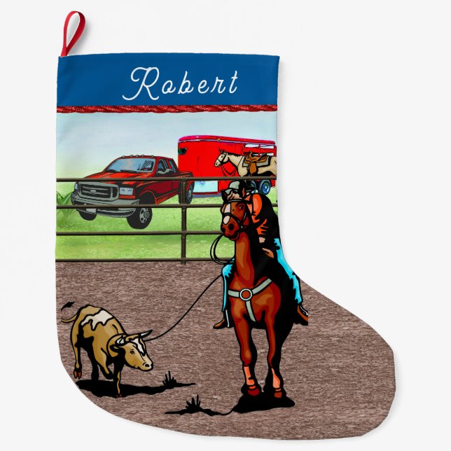Western Rodeo Cowboy Team Roping Steer Large Christmas Stocking (Front)