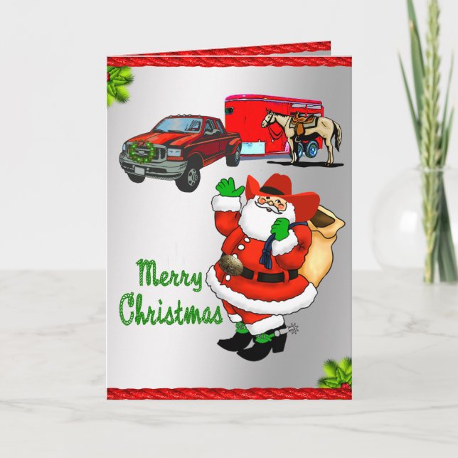 Western Rodeo Cowboy Truck Trailer Santa Christmas Card (Front)