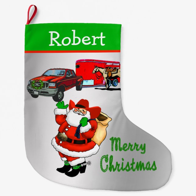Western Rodeo Cowboy Truck Trailer Santa Christmas Large Christmas Stocking (Front)
