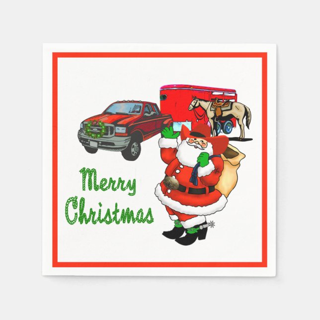 Western Rodeo Cowboy Truck Trailer Santa Christmas Napkin (Front)